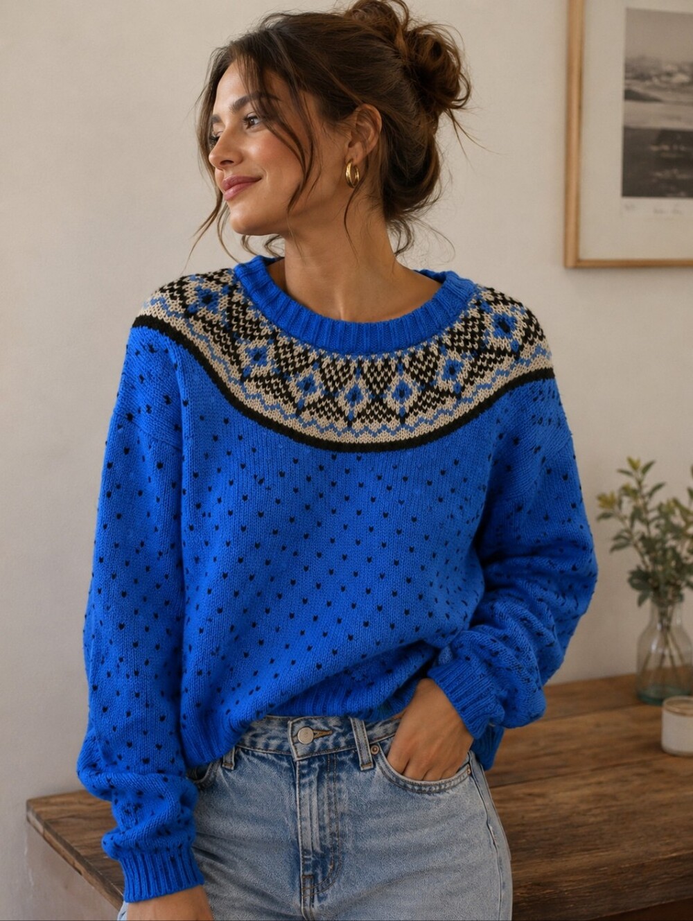 Vintage Blue Fair Isle Crewneck Sweater - Women's